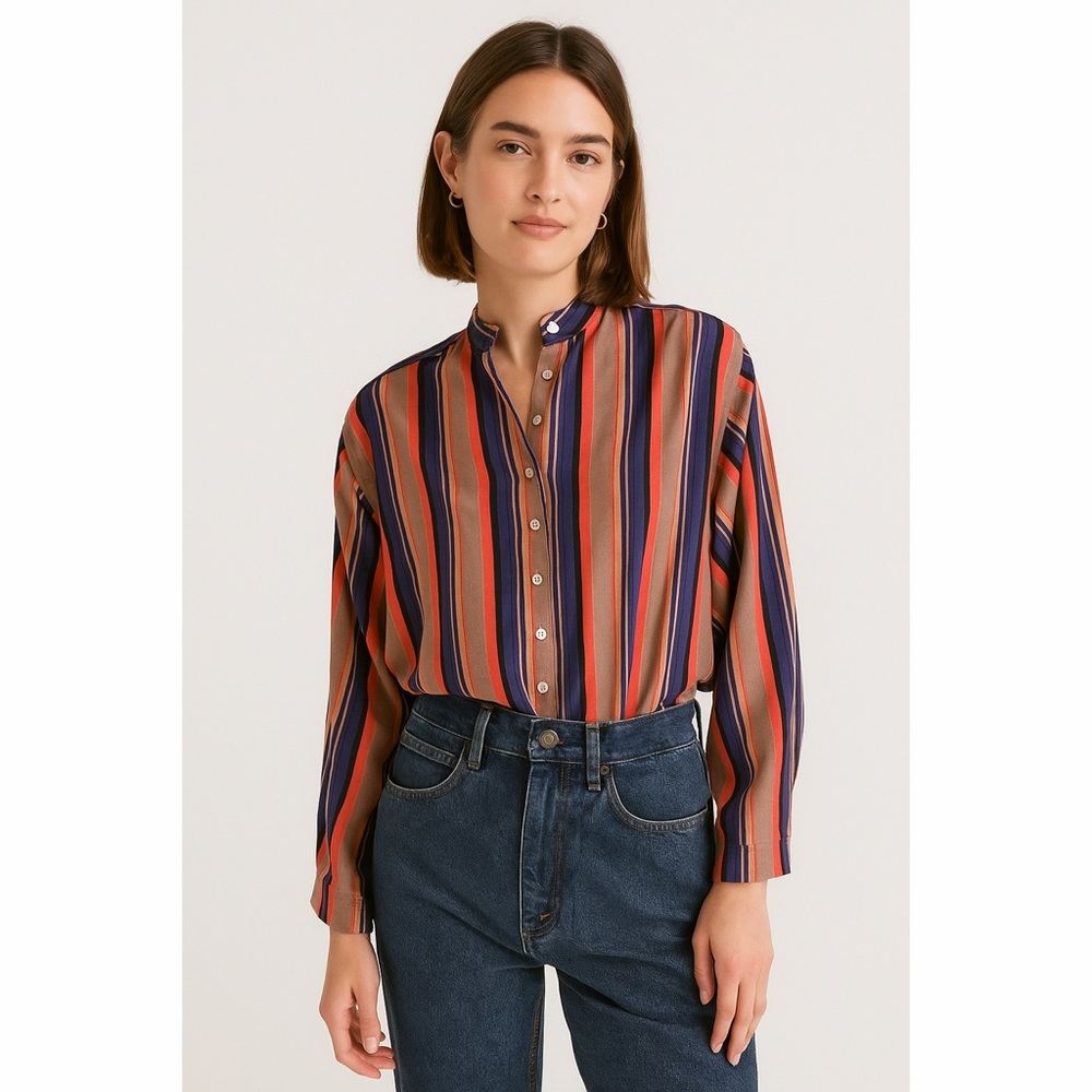 LC | VTG Retro Disco Dolaman Long Sleeve Allover Stripe Button Front Blouse